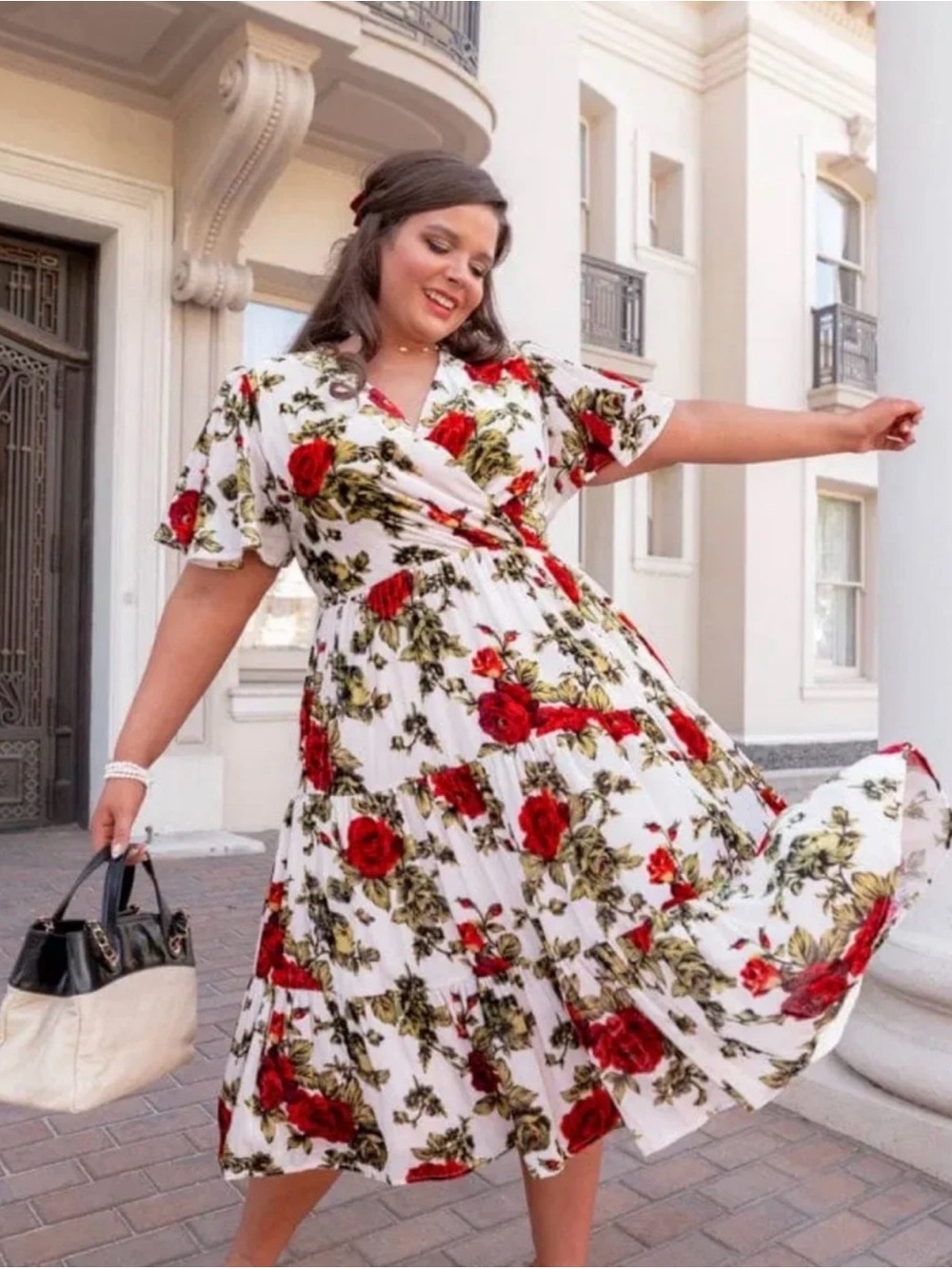 JessaKae Velvet White Midi Dress with Red Rose Print
